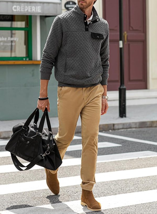 JMIERR Men's Quilted Sweatshirt Casual Long Sleeve Outdoor Stand Collar Button Pullover Sweatshirts - Image 147