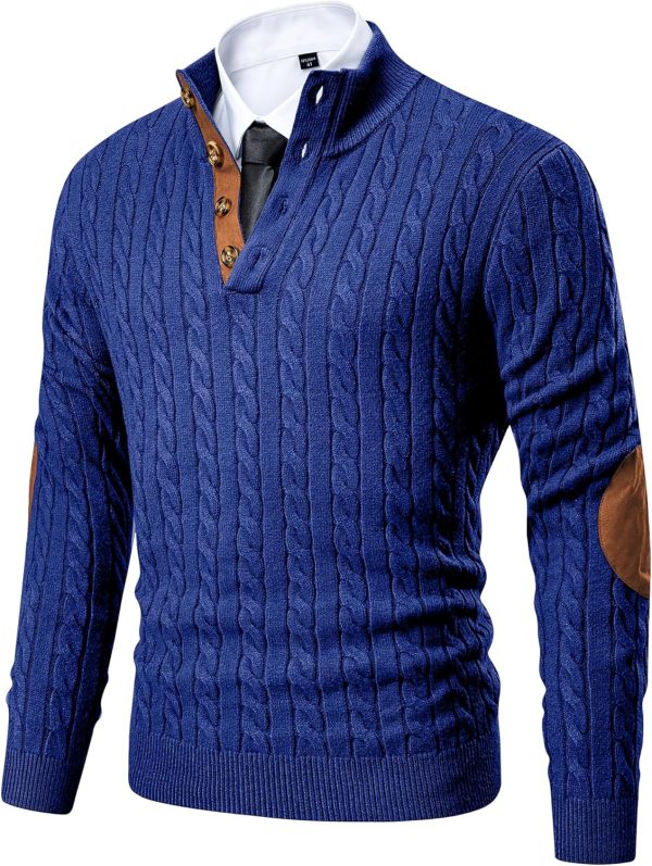 JMIERR Men's Cable Knit Pullover Sweater Casual Long Sleeve Stand Collar Button Knitted Sweaters - Image 94
