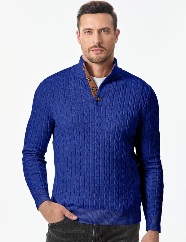 JMIERR Men's Cable Knit Pullover Sweater Casual Long Sleeve Stand Collar Button Knitted Sweaters - Image 96
