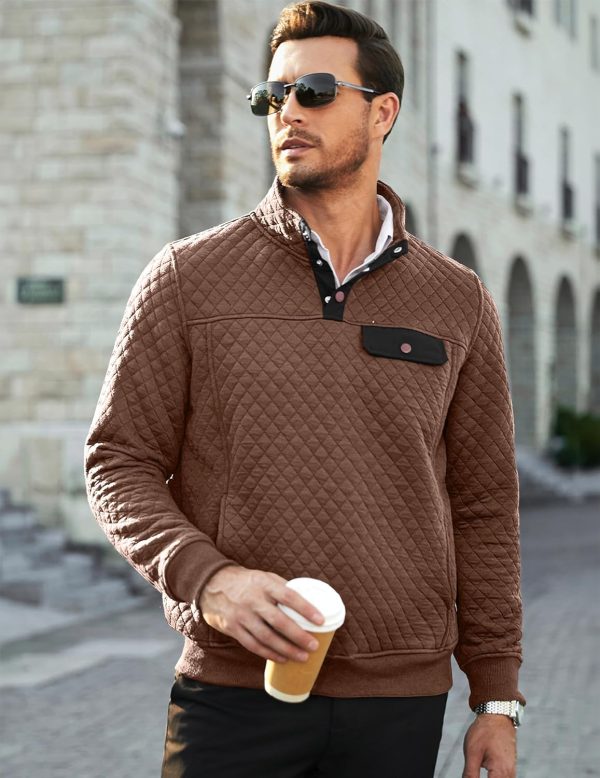 JMIERR Men's Quilted Sweatshirt Casual Long Sleeve Outdoor Stand Collar Button Pullover Sweatshirts - Image 153
