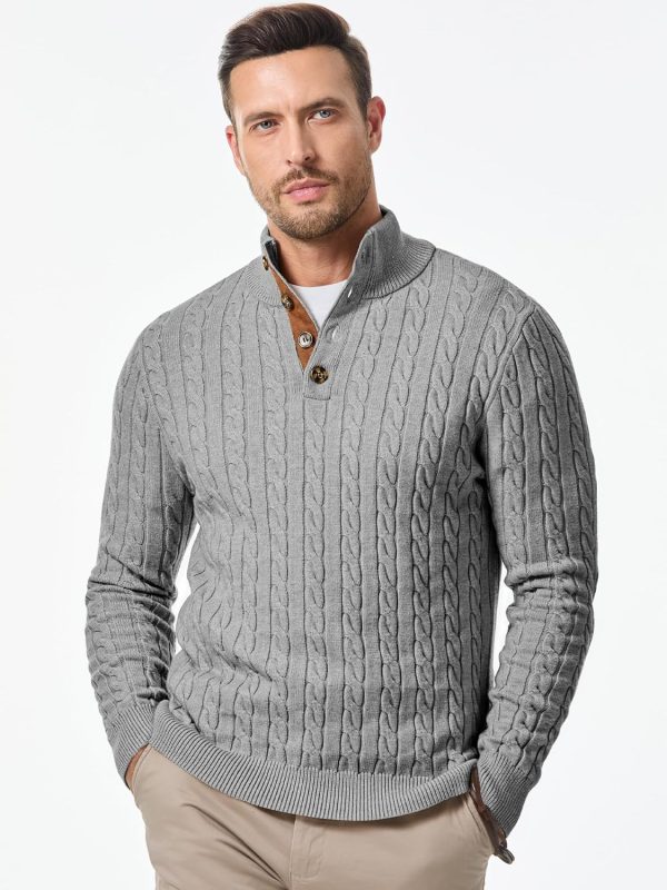 JMIERR Men's Cable Knit Pullover Sweater Casual Long Sleeve Stand Collar Button Knitted Sweaters - Image 99