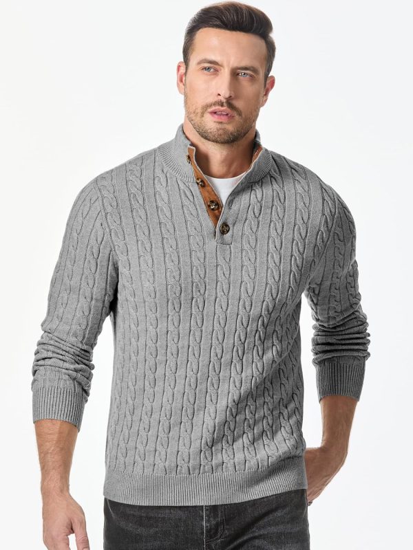 JMIERR Men's Cable Knit Pullover Sweater Casual Long Sleeve Stand Collar Button Knitted Sweaters - Image 100