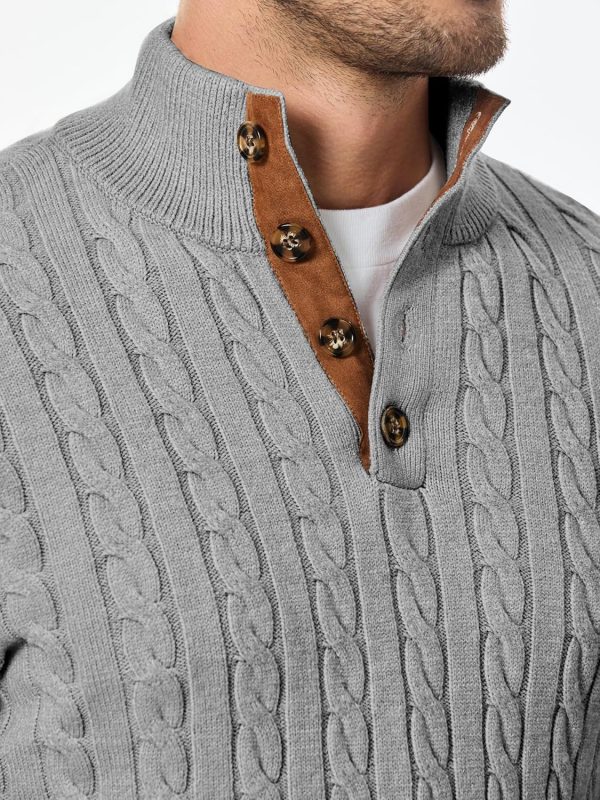 JMIERR Men's Cable Knit Pullover Sweater Casual Long Sleeve Stand Collar Button Knitted Sweaters - Image 101