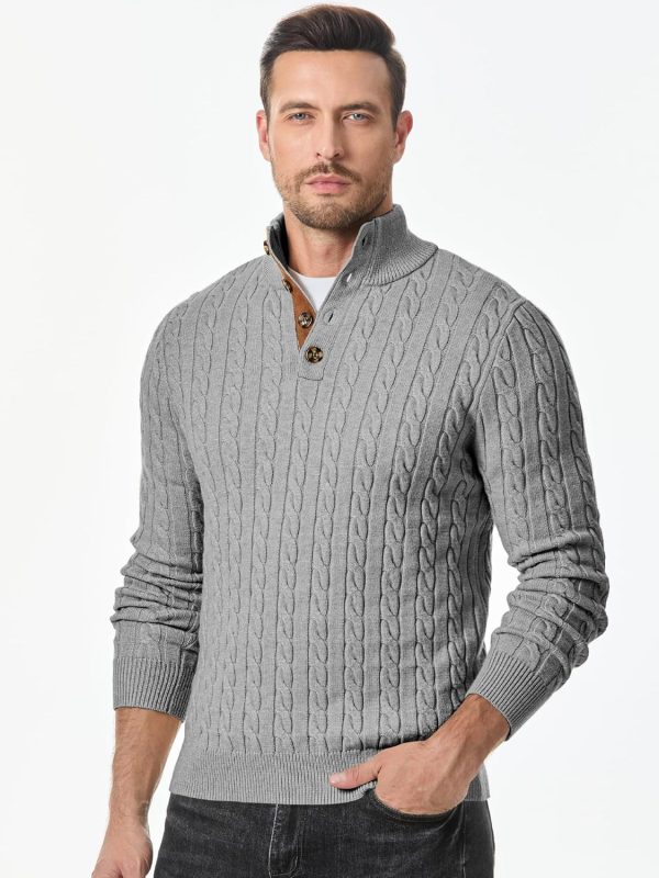 JMIERR Men's Cable Knit Pullover Sweater Casual Long Sleeve Stand Collar Button Knitted Sweaters - Image 102
