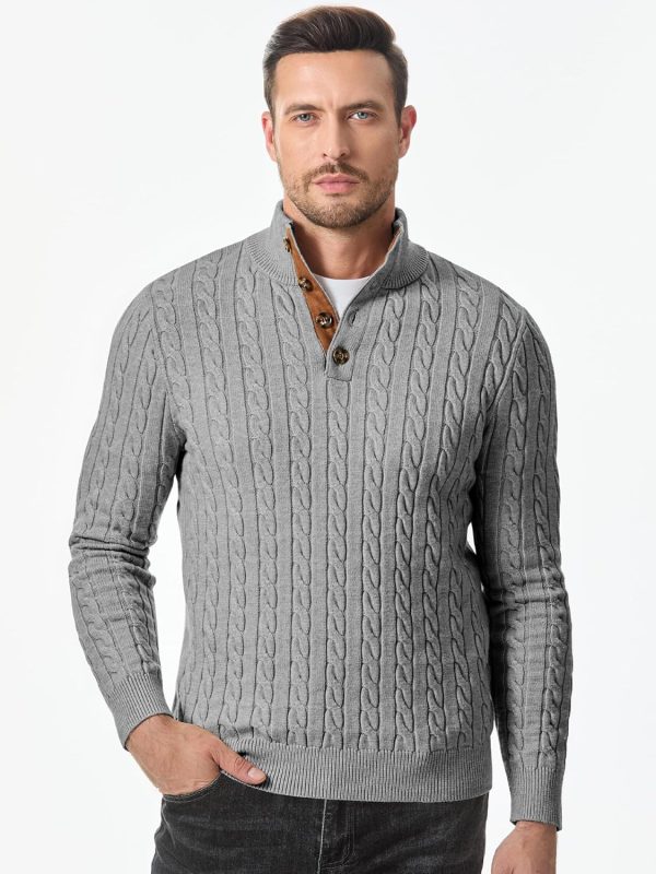 JMIERR Men's Cable Knit Pullover Sweater Casual Long Sleeve Stand Collar Button Knitted Sweaters - Image 103