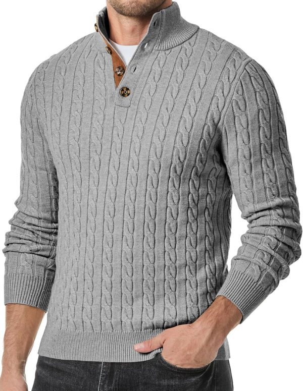 JMIERR Men's Cable Knit Pullover Sweater Casual Long Sleeve Stand Collar Button Knitted Sweaters - Image 104
