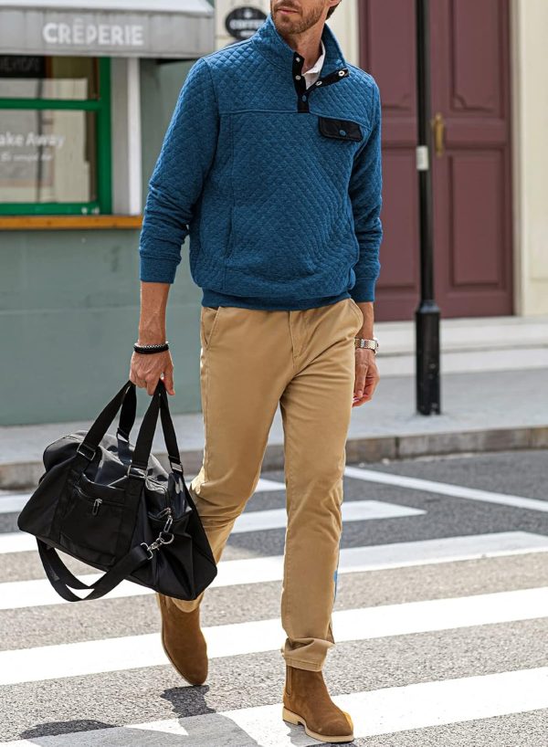 JMIERR Men's Quilted Sweatshirt Casual Long Sleeve Outdoor Stand Collar Button Pullover Sweatshirts - Image 163