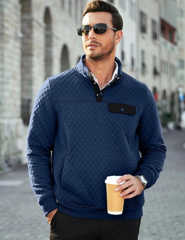 JMIERR Men's Quilted Sweatshirt Casual Long Sleeve Outdoor Stand Collar Button Pullover Sweatshirts - Image 169