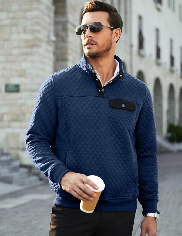 JMIERR Men's Quilted Sweatshirt Casual Long Sleeve Outdoor Stand Collar Button Pullover Sweatshirts - Image 170