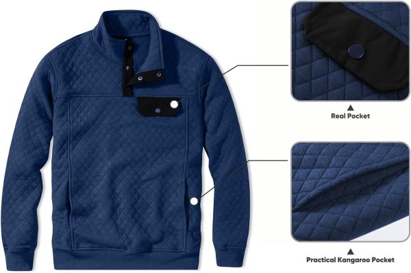 JMIERR Men's Quilted Sweatshirt Casual Long Sleeve Outdoor Stand Collar Button Pullover Sweatshirts - Image 172