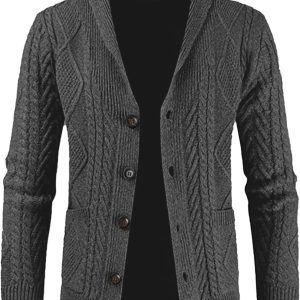JMIERR Men's Casual Long Sleeve Shawl Collar Buttons Down Cable Knit Cardigan Sweater with Pockets