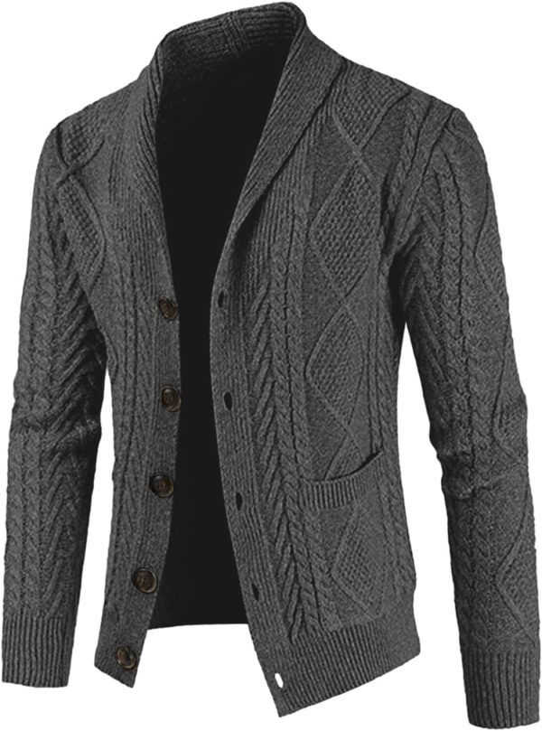 JMIERR Men's Casual Long Sleeve Shawl Collar Buttons Down Cable Knit Cardigan Sweater with Pockets - Image 2