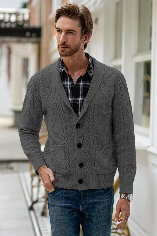 JMIERR Men's Casual Long Sleeve Shawl Collar Buttons Down Cable Knit Cardigan Sweater with Pockets - Image 3