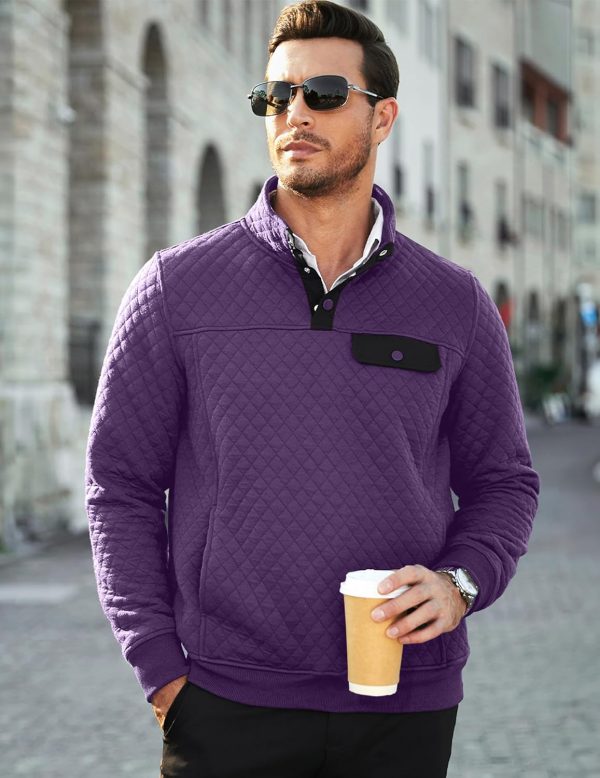 JMIERR Men's Quilted Sweatshirt Casual Long Sleeve Outdoor Stand Collar Button Pullover Sweatshirts - Image 185