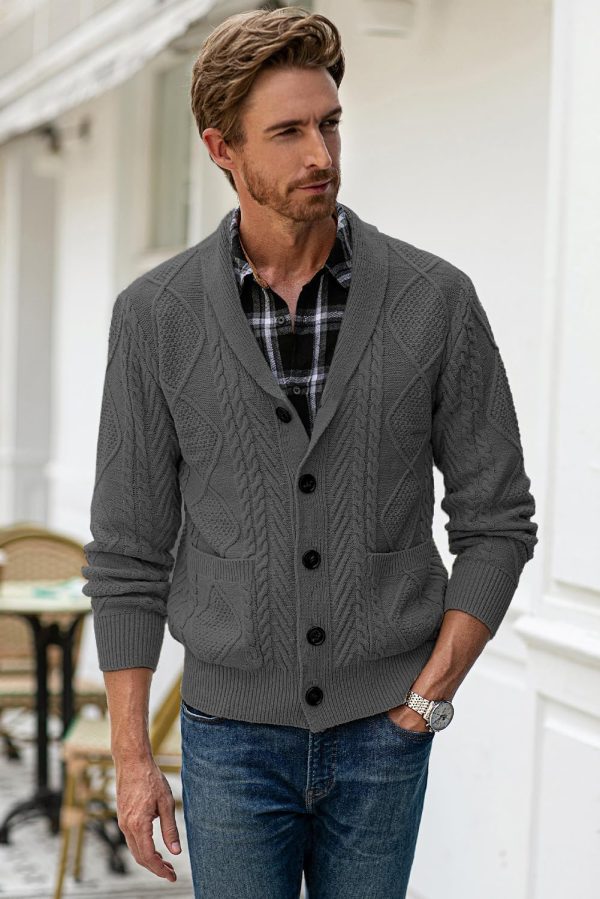 JMIERR Men's Casual Long Sleeve Shawl Collar Buttons Down Cable Knit Cardigan Sweater with Pockets - Image 7