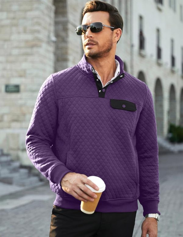 JMIERR Men's Quilted Sweatshirt Casual Long Sleeve Outdoor Stand Collar Button Pullover Sweatshirts - Image 186