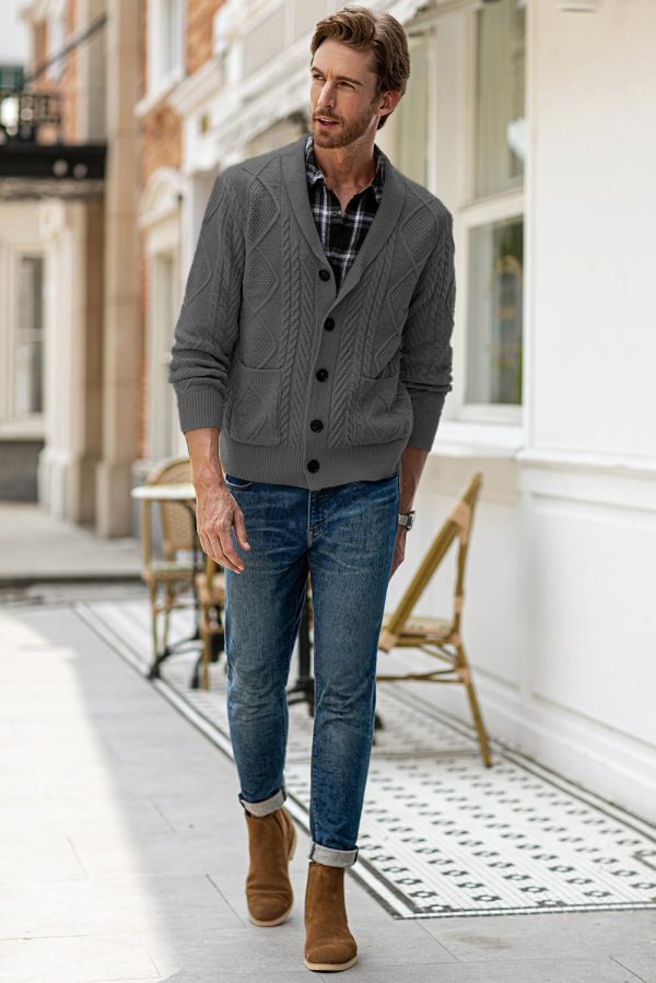 JMIERR Men's Casual Long Sleeve Shawl Collar Buttons Down Cable Knit Cardigan Sweater with Pockets - Image 8