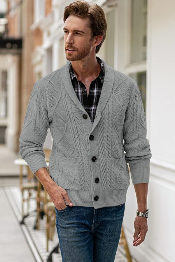 JMIERR Men's Casual Long Sleeve Shawl Collar Buttons Down Cable Knit Cardigan Sweater with Pockets - Image 15