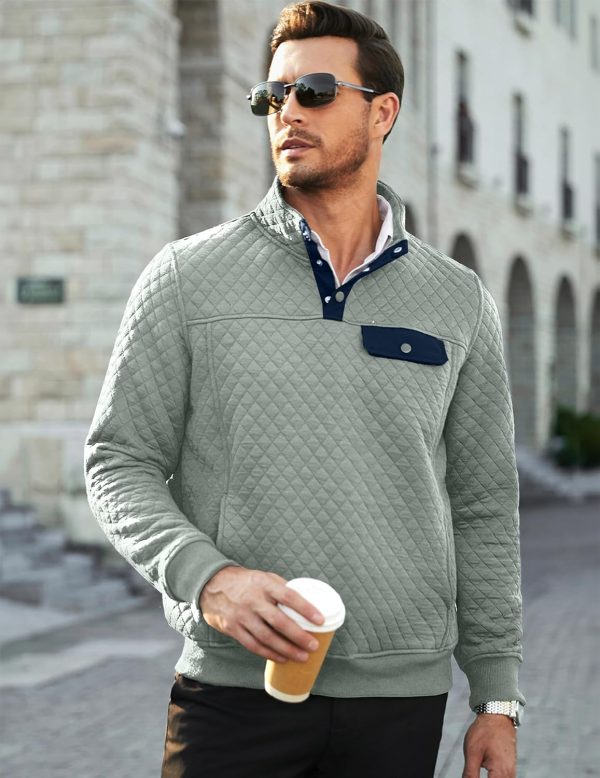 JMIERR Men's Quilted Sweatshirt Casual Long Sleeve Outdoor Stand Collar Button Pullover Sweatshirts - Image 193