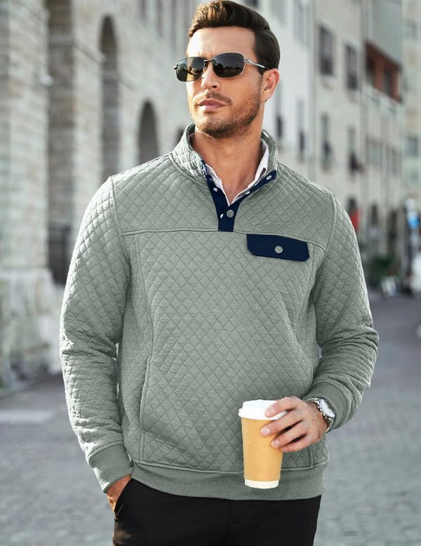 JMIERR Men's Quilted Sweatshirt Casual Long Sleeve Outdoor Stand Collar Button Pullover Sweatshirts - Image 194