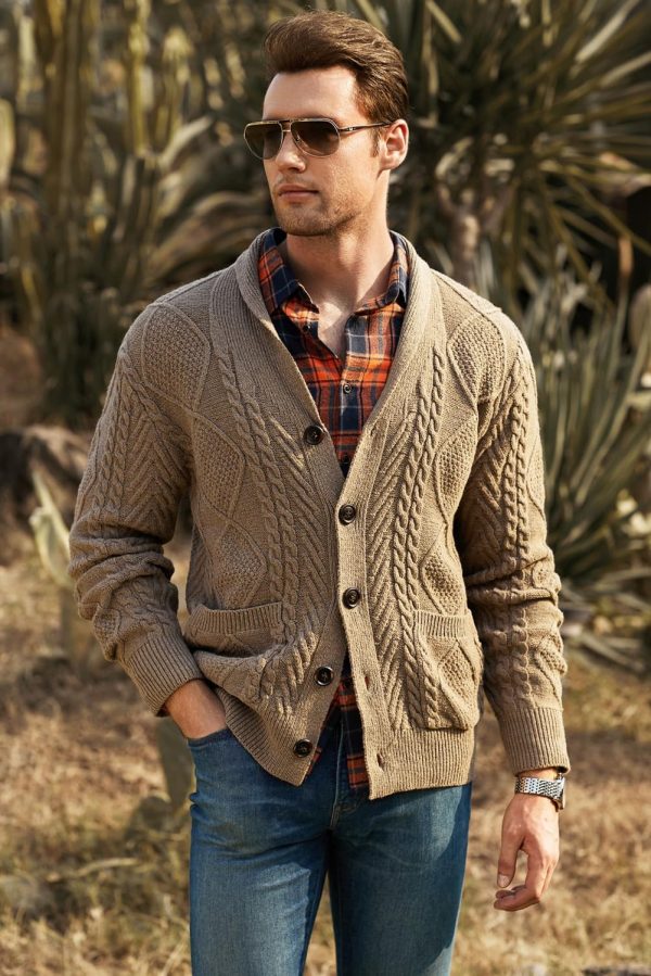 JMIERR Men's Casual Long Sleeve Shawl Collar Buttons Down Cable Knit Cardigan Sweater with Pockets - Image 19