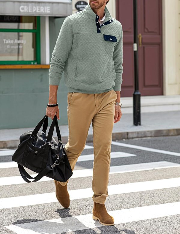 JMIERR Men's Quilted Sweatshirt Casual Long Sleeve Outdoor Stand Collar Button Pullover Sweatshirts - Image 195