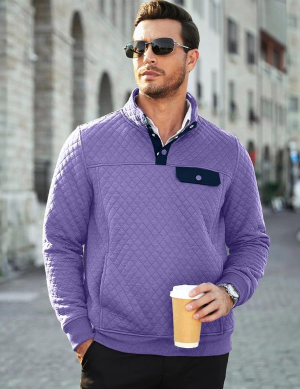 JMIERR Men's Quilted Sweatshirt Casual Long Sleeve Outdoor Stand Collar Button Pullover Sweatshirts - Image 202