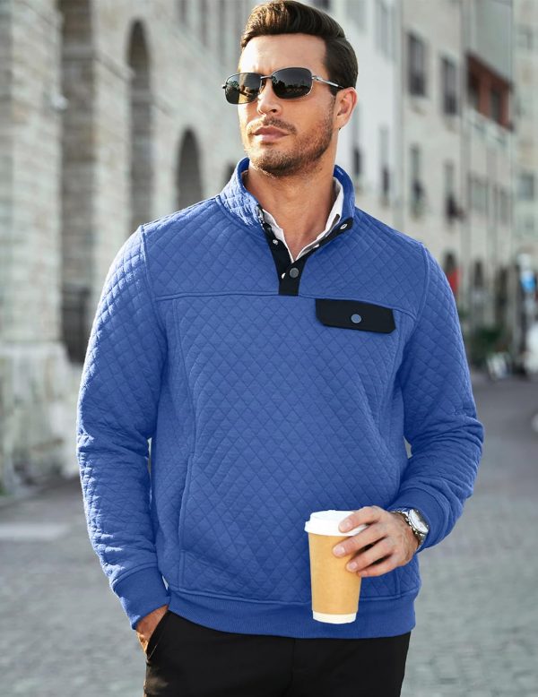 JMIERR Men's Quilted Sweatshirt Casual Long Sleeve Outdoor Stand Collar Button Pullover Sweatshirts - Image 209