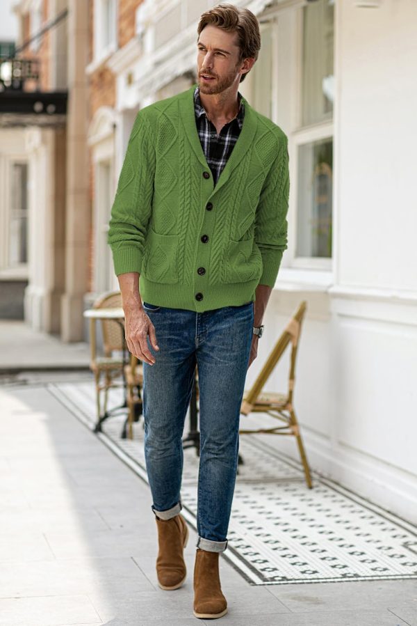 JMIERR Men's Casual Long Sleeve Shawl Collar Buttons Down Cable Knit Cardigan Sweater with Pockets - Image 39