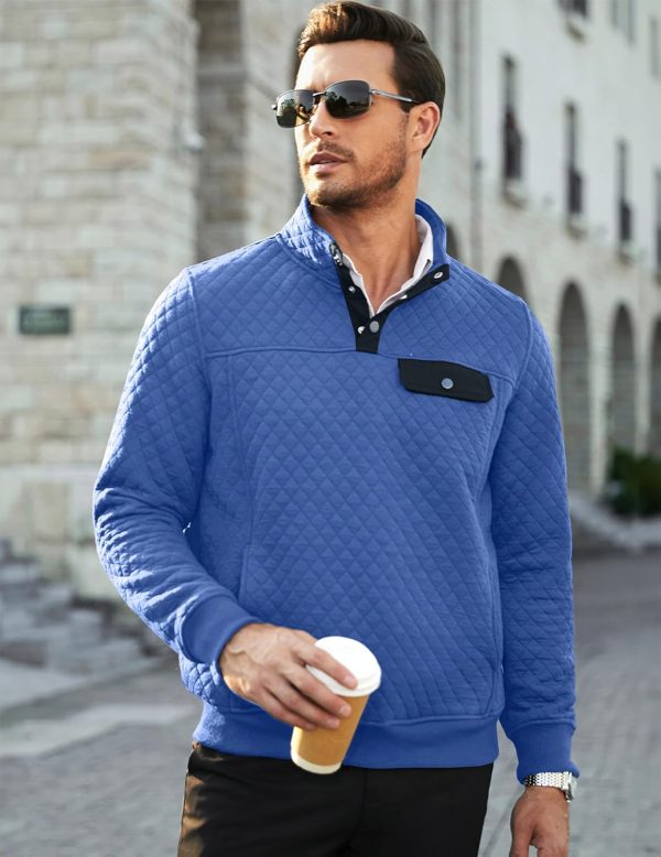 JMIERR Men's Quilted Sweatshirt Casual Long Sleeve Outdoor Stand Collar Button Pullover Sweatshirts - Image 210