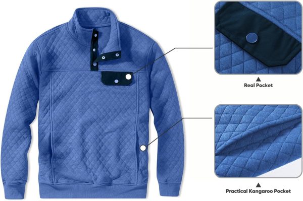 JMIERR Men's Quilted Sweatshirt Casual Long Sleeve Outdoor Stand Collar Button Pullover Sweatshirts - Image 212