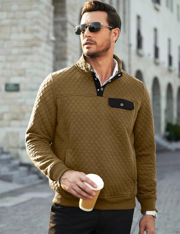 JMIERR Men's Quilted Sweatshirt Casual Long Sleeve Outdoor Stand Collar Button Pullover Sweatshirts - Image 217
