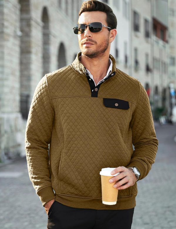 JMIERR Men's Quilted Sweatshirt Casual Long Sleeve Outdoor Stand Collar Button Pullover Sweatshirts - Image 218