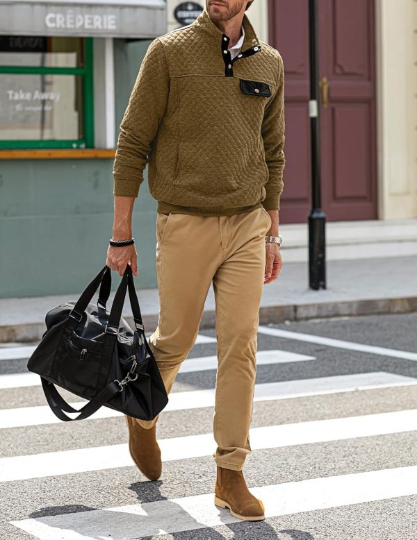 JMIERR Men's Quilted Sweatshirt Casual Long Sleeve Outdoor Stand Collar Button Pullover Sweatshirts - Image 219