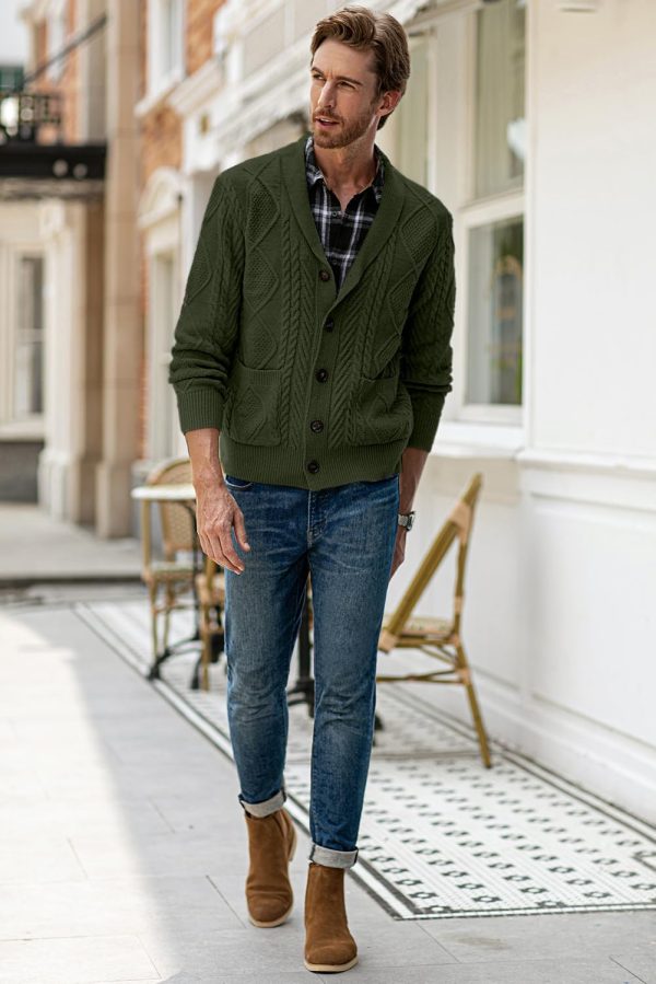 JMIERR Men's Casual Long Sleeve Shawl Collar Buttons Down Cable Knit Cardigan Sweater with Pockets - Image 61
