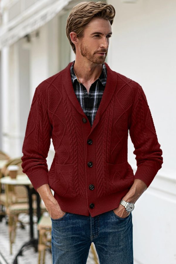 JMIERR Men's Casual Long Sleeve Shawl Collar Buttons Down Cable Knit Cardigan Sweater with Pockets - Image 69