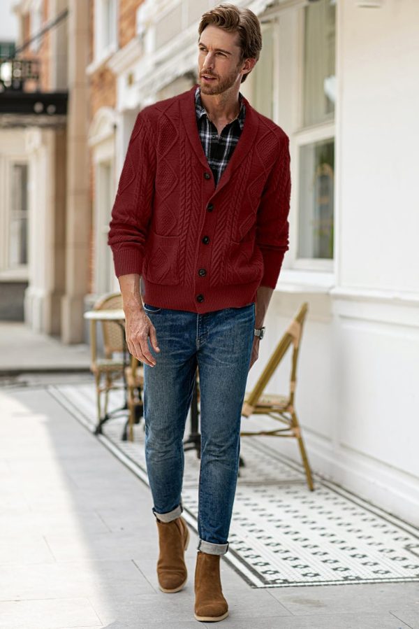 JMIERR Men's Casual Long Sleeve Shawl Collar Buttons Down Cable Knit Cardigan Sweater with Pockets - Image 70