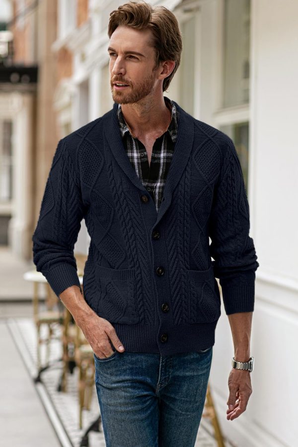 JMIERR Men's Casual Long Sleeve Shawl Collar Buttons Down Cable Knit Cardigan Sweater with Pockets - Image 73