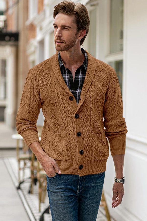 JMIERR Men's Casual Long Sleeve Shawl Collar Buttons Down Cable Knit Cardigan Sweater with Pockets - Image 81