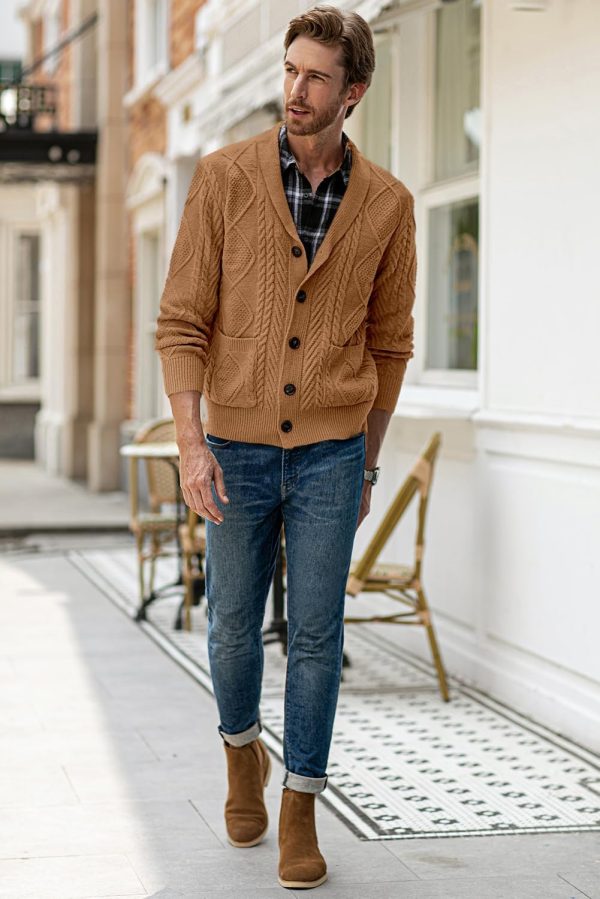 JMIERR Men's Casual Long Sleeve Shawl Collar Buttons Down Cable Knit Cardigan Sweater with Pockets - Image 85