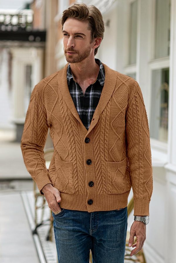 JMIERR Men's Casual Long Sleeve Shawl Collar Buttons Down Cable Knit Cardigan Sweater with Pockets - Image 86