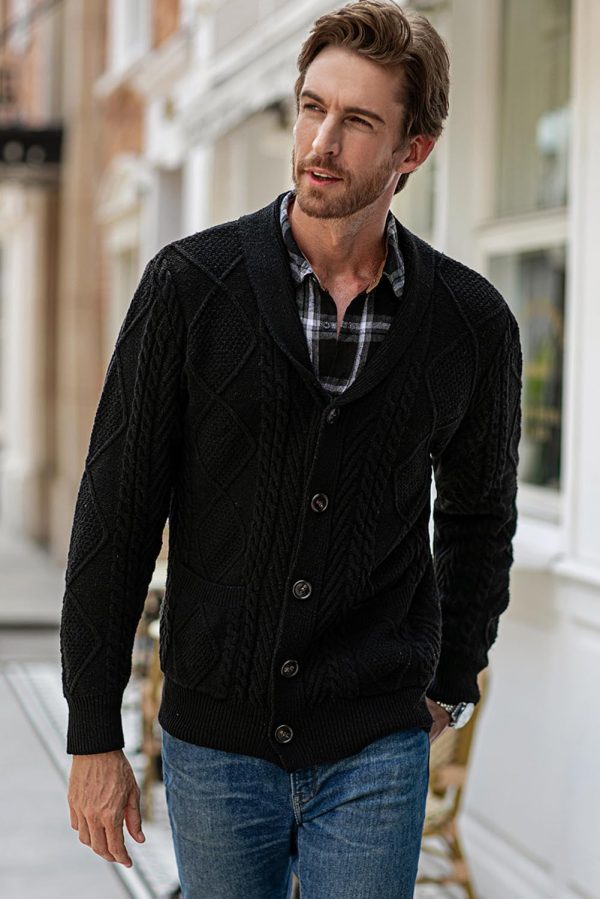 JMIERR Men's Casual Long Sleeve Shawl Collar Buttons Down Cable Knit Cardigan Sweater with Pockets - Image 97