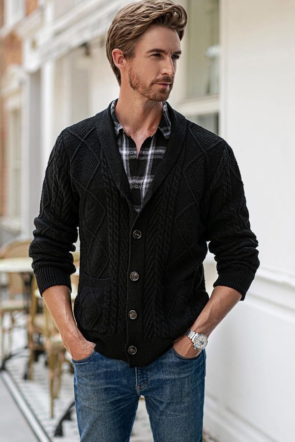 JMIERR Men's Casual Long Sleeve Shawl Collar Buttons Down Cable Knit Cardigan Sweater with Pockets - Image 102