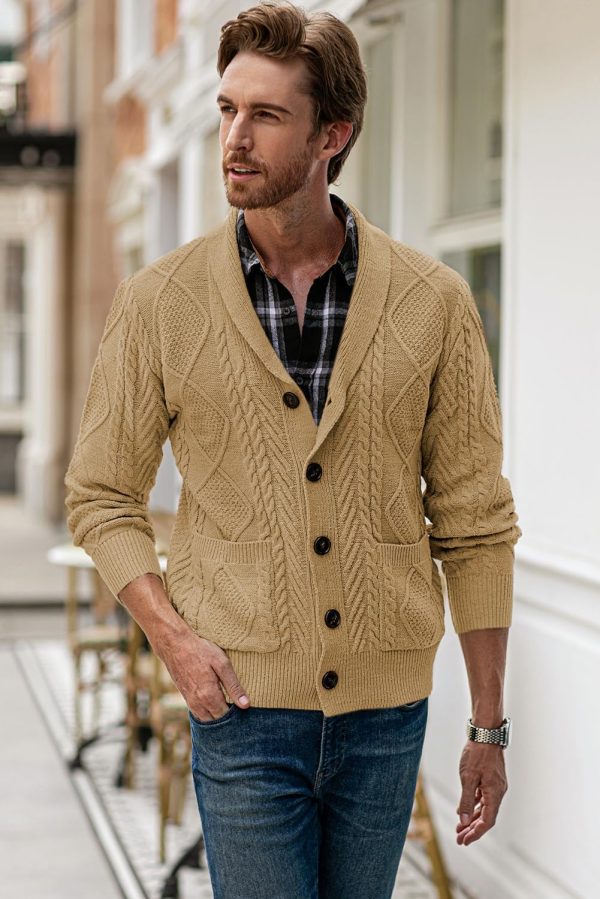 JMIERR Men's Casual Long Sleeve Shawl Collar Buttons Down Cable Knit Cardigan Sweater with Pockets - Image 105