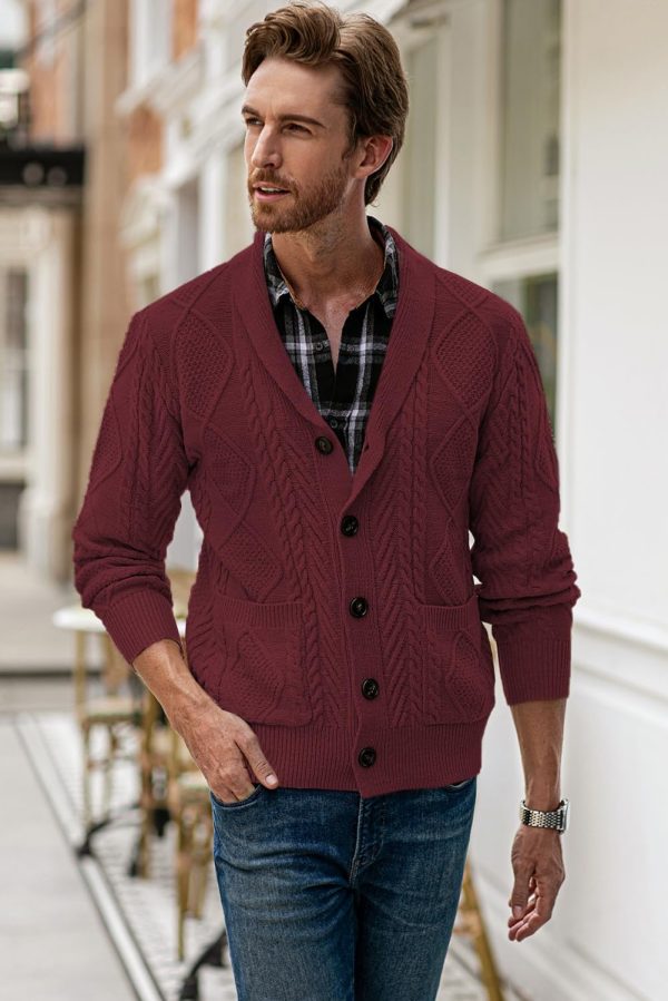 JMIERR Men's Casual Long Sleeve Shawl Collar Buttons Down Cable Knit Cardigan Sweater with Pockets - Image 119