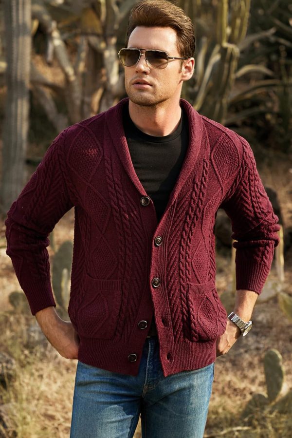 JMIERR Men's Casual Long Sleeve Shawl Collar Buttons Down Cable Knit Cardigan Sweater with Pockets - Image 123