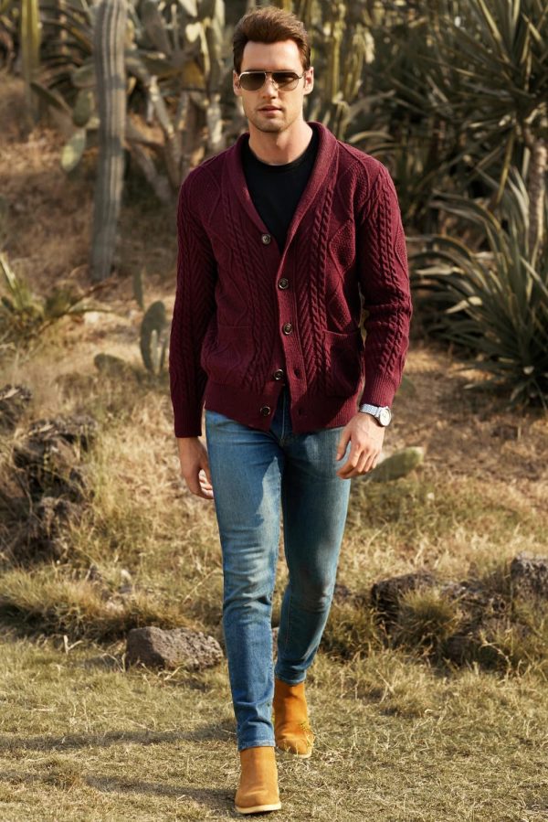JMIERR Men's Casual Long Sleeve Shawl Collar Buttons Down Cable Knit Cardigan Sweater with Pockets - Image 124