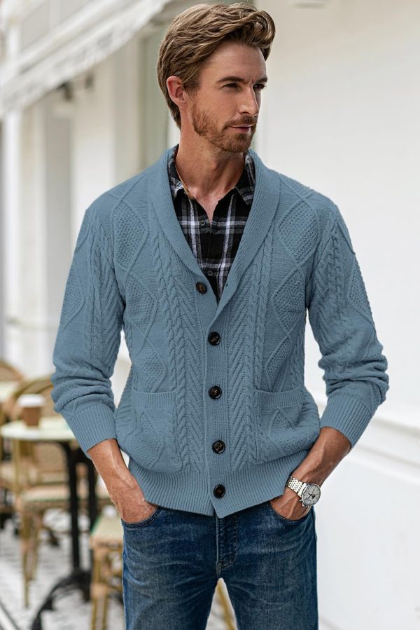 JMIERR Men's Casual Long Sleeve Shawl Collar Buttons Down Cable Knit Cardigan Sweater with Pockets - Image 127