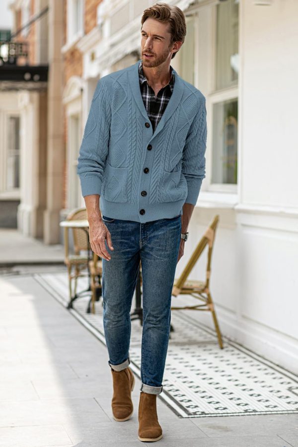 JMIERR Men's Casual Long Sleeve Shawl Collar Buttons Down Cable Knit Cardigan Sweater with Pockets - Image 131